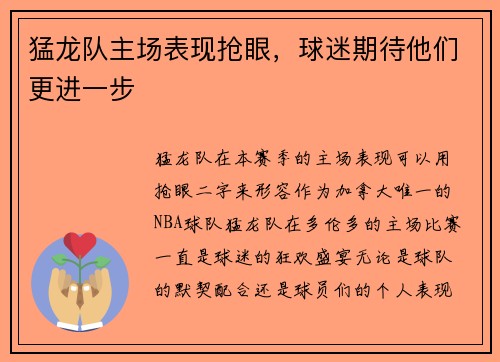 猛龙队主场表现抢眼，球迷期待他们更进一步